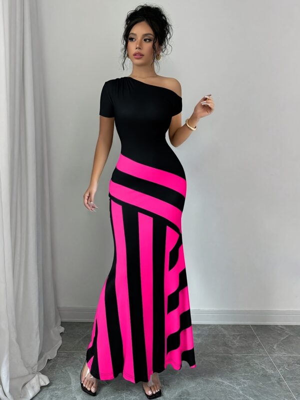Elegant Knitted Striped Asymmetric Shoulder Fishtail Dress for Women - Black & White Vertical Stripes, Round Neck, Machine Washable Polyester Blend, Spring/Summer Casual & Formal Wear, Casual Summer Dress | Asymmetric Fishtail Dress | Glossy Texture - Image 15