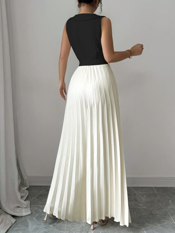 Women'S Elegant Double-Breasted Ruched Sleeveless Dress - Black and White Color Block, Polyester, A-Line Silhouette, Perfect for Spring/Summer Commute and Casual Attire, Casual Attire|Ruched Texture|Polyester Dres - Image 2