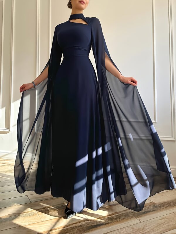 1pc Elegant Evening Long Dress with Cape Sleeves & Lace-Up Back - A-Line Stand Collar Solid Color Wedding Guest Gown, Machine Washable Spring/Summer Formal Dress for Women, Dresses for Wedding, Sophisticated Tailoring - Image 2