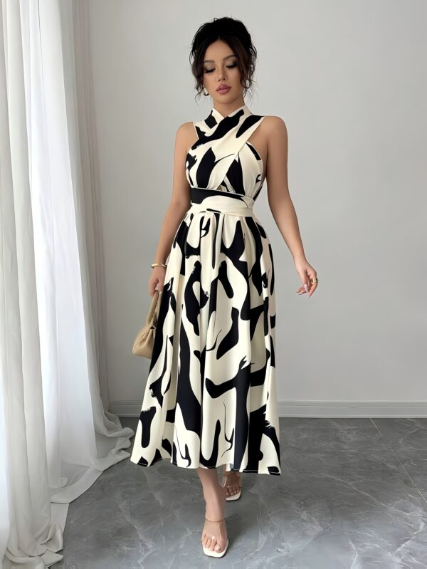 Women's Cross Tie Hollow Bow & Floral Print A-Line Dress - Long Sleeveless Halter Neck, Machine Washable, All-Season Elegant Resort Wear, Halter Neck Dress, Vacation Outfit, Fitted Silhouette - Image 8
