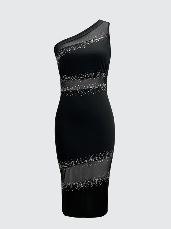 Elegant Rhinestone-Embellished Black Mesh Tube Dress - Sleeveless, Asymmetrical Neckline, Polyester, Perfect for Parties and Events, Glamorous Event Attire | Asymmetrical Neckline | Sparkling Details, Rhinestone Embellishments - Image 4