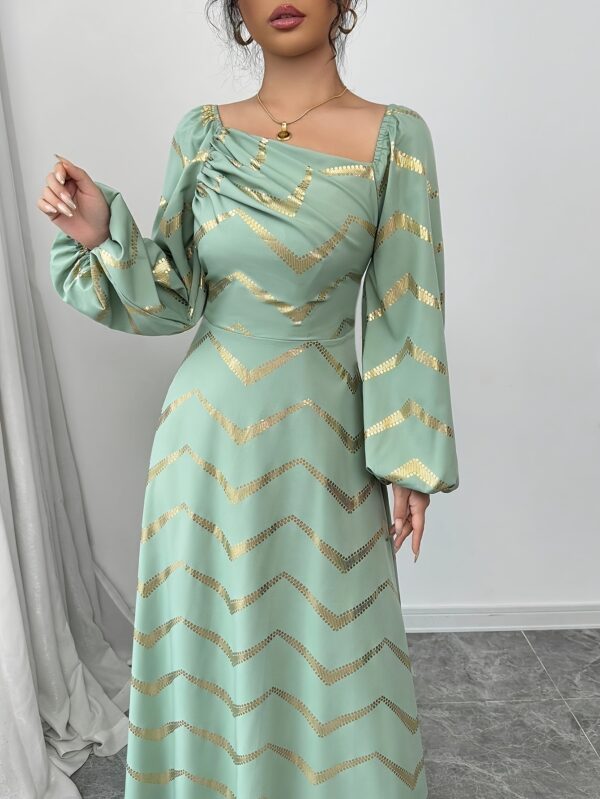 Women'S Elegant Golden & White Chevron Print Maxi Dress - Asymmetrical Neck, Ruched Bodice, Long Sleeve, Fit and Flare Silhouette for Spring/Summer