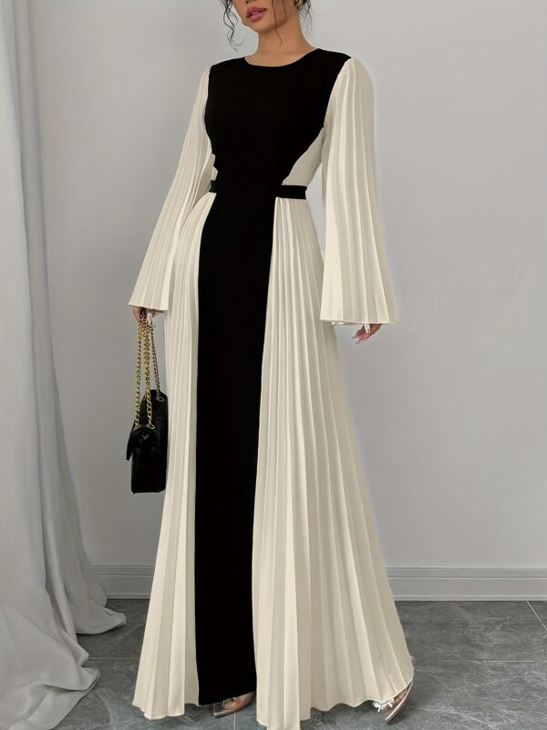 Women's Elegant Color Block Pleated Flared Sleeve Maxi Dress - High Neck Fitted Long Dress with Black & White Contrast, Machine Washable Spring/Summer Formal & Casual Outfit, Long Sleeve Dresses, Spring Fashion, Flowing Material, Office Wear - Image 13
