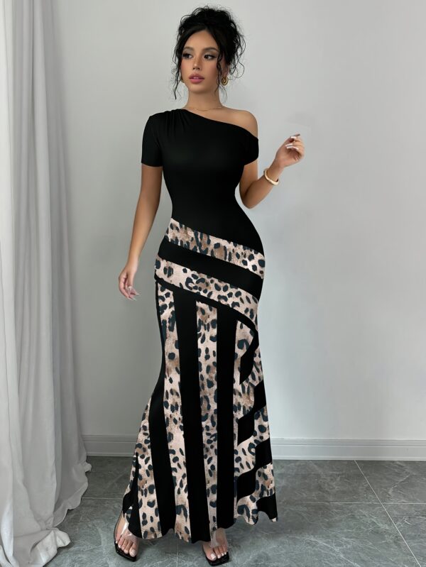 Elegant Knitted Striped Asymmetric Shoulder Fishtail Dress for Women - Black & White Vertical Stripes, Round Neck, Machine Washable Polyester Blend, Spring/Summer Casual & Formal Wear, Casual Summer Dress | Asymmetric Fishtail Dress | Glossy Texture - Image 19