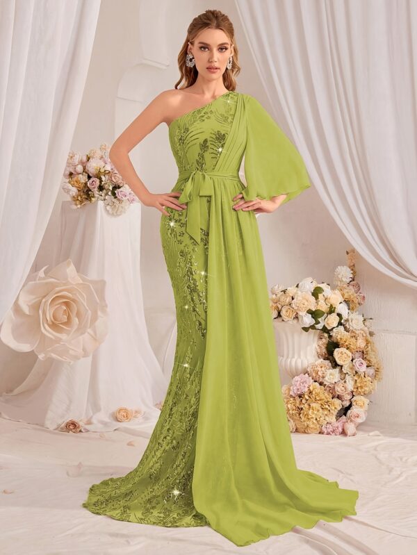 TOLEEN Elegant One-Shoulder Floral Sequin Gown with Ruffle Sleeves and Mermaid Hem, Green Polyester Dress for Women - Perfect for Weddings, Parties, and Formal Events, Wedding Dresses for Brid