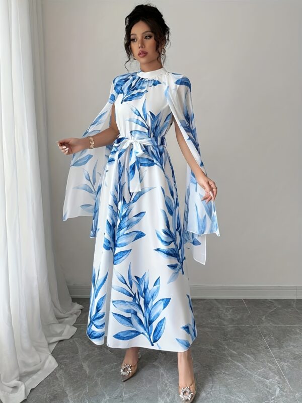Elegant Floral Print A-Line Midi Dress with Belt - Loose Fit, Long Sleeve, Stand Collar, Spring/Summer Collection for Formal & Casual Occasions, Cute Dress - Image 3