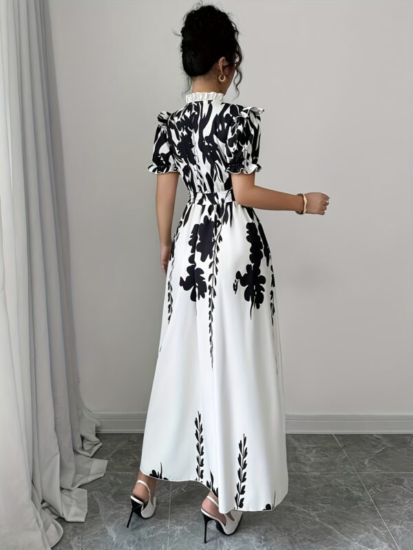 Women's Elegant Summer Floral Print A-Line Shirt Dress with Adjustable Belted Waist, Ruffled Short Sleeves & Stand-Up Collar - Machine Washable Black & White Floral Print Dress for Casual to Formal Occasions, Cute Summer Dresses - Image 3