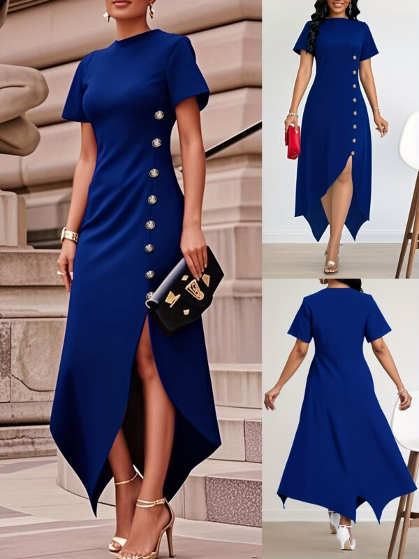 Women's Elegant Slim Fit Asymmetrical Hem Dress - Summer A-Line Royal Blue Button Detail Dress with Round Neck, Machine Washable for Casual & Formal Occasions, Fitting Dresses for Ladies, Sophisticated Fashion - Image 4