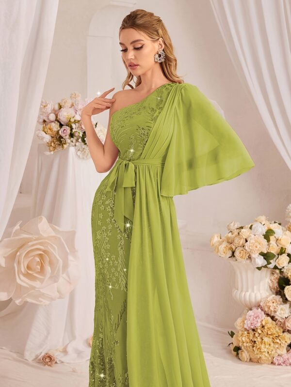 TOLEEN Elegant One-Shoulder Floral Sequin Gown with Ruffle Sleeves and Mermaid Hem, Green Polyester Dress for Women - Perfect for Weddings, Parties, and Formal Events, Wedding Dresses for Brid - Image 3