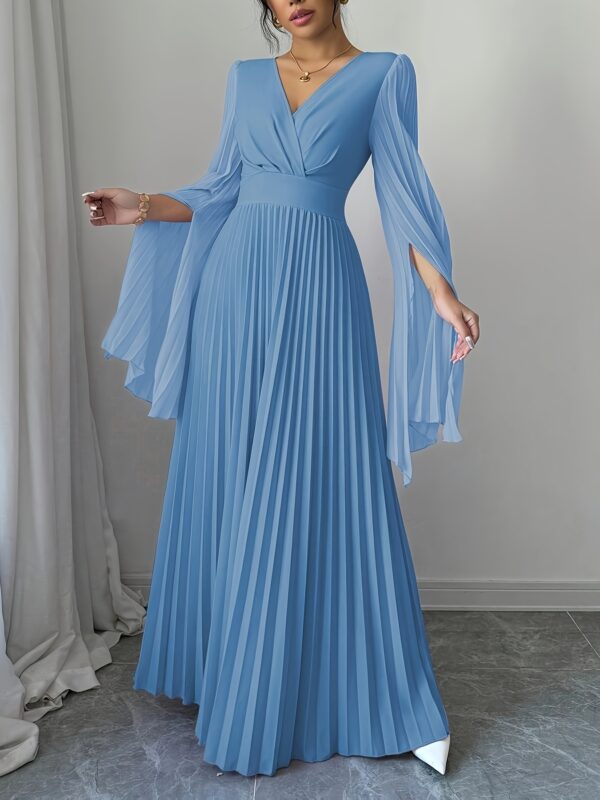 Elegant Long Sleeve Pleated Maxi Dress for Women - V-Neck, High-Low Hem, Ruched Bodice, Lightweight Polyester, Perfect for Spring/Summer, Elegant Event Wear | Vneck Dress | Ruched Detailing - Image 25