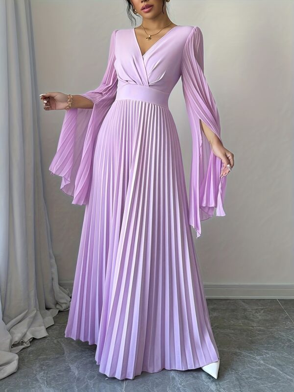 Elegant Long Sleeve Pleated Maxi Dress for Women - V-Neck, High-Low Hem, Ruched Bodice, Lightweight Polyester, Perfect for Spring/Summer, Elegant Event Wear | Vneck Dress | Ruched Detailing - Image 12
