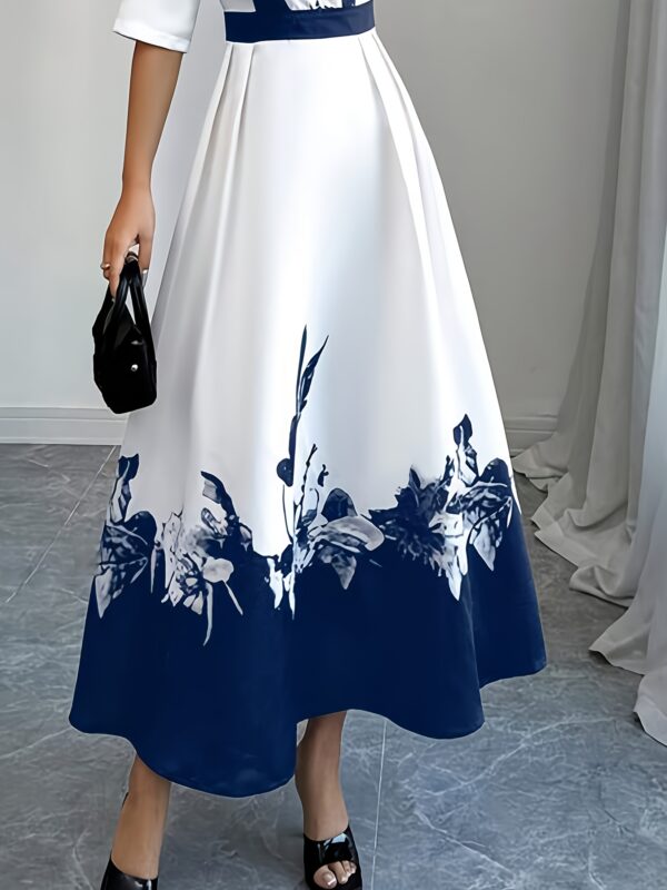 YY0402002 European and American Spring/Summer Festival Elegant Dress, Round Neck Mid-Length Belted Zipper Floral Print Dress - Image 11