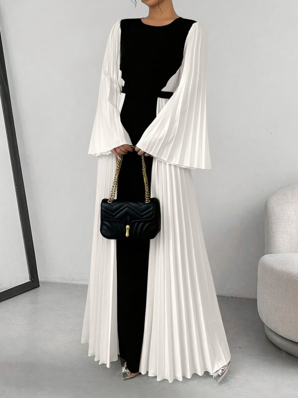 Women's Elegant Color-Block Pleated Flared Sleeve Maxi Dress with Adjustable Waist Belt - A-Line Long Dress for Spring Summer Fall, Machine Washable, Formal Occasion, Sophisticated Style, Structured Fit, Office Attire, Nonstretch Fabric, Professional Women - Image 2