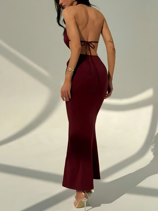Elegant Red Bodycon Maxi Dress with Metallic Shoulder Straps - V-Neck, Sleeveless, Backless Summer Beach & Vacation Dress for Women - Perfect for Tropical Getaways, Music Festivals, and Resort Parties, Beach Dress - Image 3