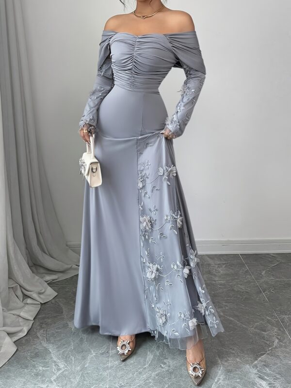 Off-Shoulder Mesh Pleated Slim-Fit Long Sleeve Dress Elegant Party Wear - Image 14