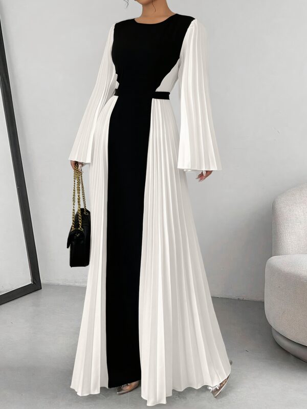 Women's Elegant Color-Block Pleated Flared Sleeve Maxi Dress with Adjustable Waist Belt - A-Line Long Dress for Spring Summer Fall, Machine Washable, Formal Occasion, Sophisticated Style, Structured Fit, Office Attire, Nonstretch Fabric, Professional Women - Image 8