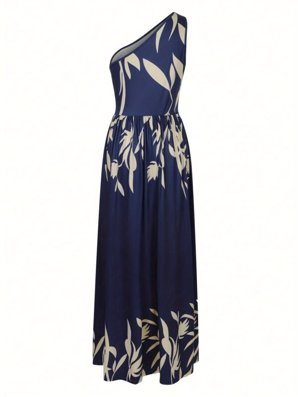 Elegant Women's Floral Print One-Shoulder Hollowed-Out Strapless Dress - Navy Blue with Golden Accents, High Slit & Broad Hem, Machine Washable Spring/Summer Vacation Dress, Ditsy Floral Print Dress, Summer Fashion, No Stretch Fabric - Image 10