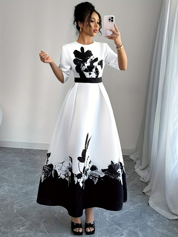 YY0402002 European and American Spring/Summer Festival Elegant Dress, Round Neck Mid-Length Belted Zipper Floral Print Dress