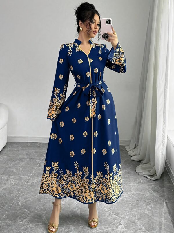 Women's Middle Eastern-Inspired Long Sleeve Dress - Deep Blue & Golden Floral Print, Waist Belt, Breathable Machine-Washable Fabric for Spring/Summer Formal & Casual Occasions, Elegant Attire, Sophisticated Style, Quality Stitching, Stylish Outfit, Summer Wardrobe - Image 5