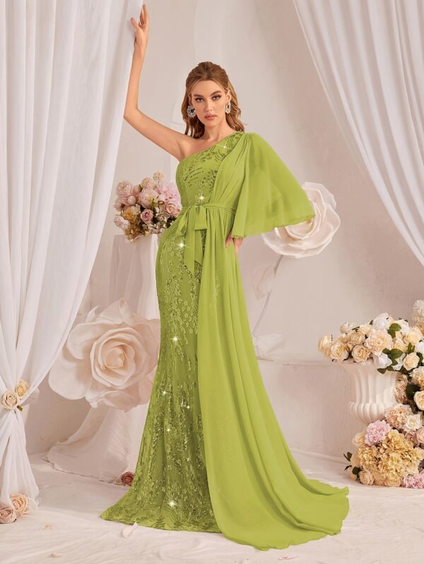 TOLEEN Elegant One-Shoulder Floral Sequin Gown with Ruffle Sleeves and Mermaid Hem, Green Polyester Dress for Women - Perfect for Weddings, Parties, and Formal Events, Wedding Dresses for Brid - Image 6