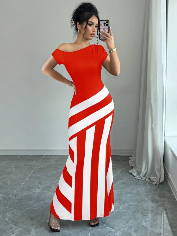 Elegant Knitted Striped Asymmetric Shoulder Fishtail Dress for Women - Black & White Vertical Stripes, Round Neck, Machine Washable Polyester Blend, Spring/Summer Casual & Formal Wear, Casual Summer Dress | Asymmetric Fishtail Dress | Glossy Texture - Image 6