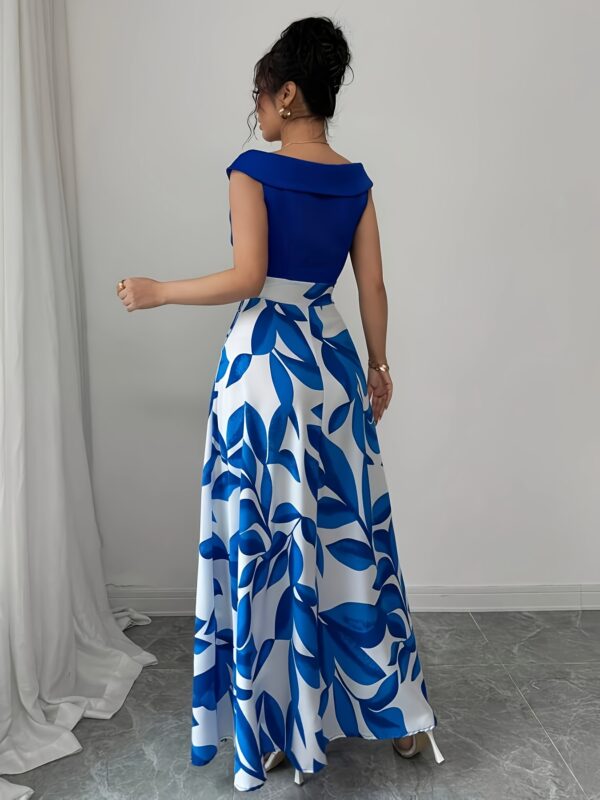 Women'S Casual Vacation Style Blue Printed Patchwork V-Neck Mid-Length Flared Dress - Image 2