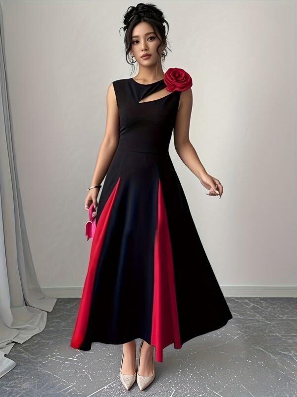 Women's Sleeveless A-Line Dress with Color Block Design, Chest Cut-Out & 3D Floral Shoulder Accents - Black to Red Ombre, Round Neck, Medium Stretch for Spring/Summer Casual to Formal Events, Chic Dress, Sophisticated Craftsmanship - Image 6