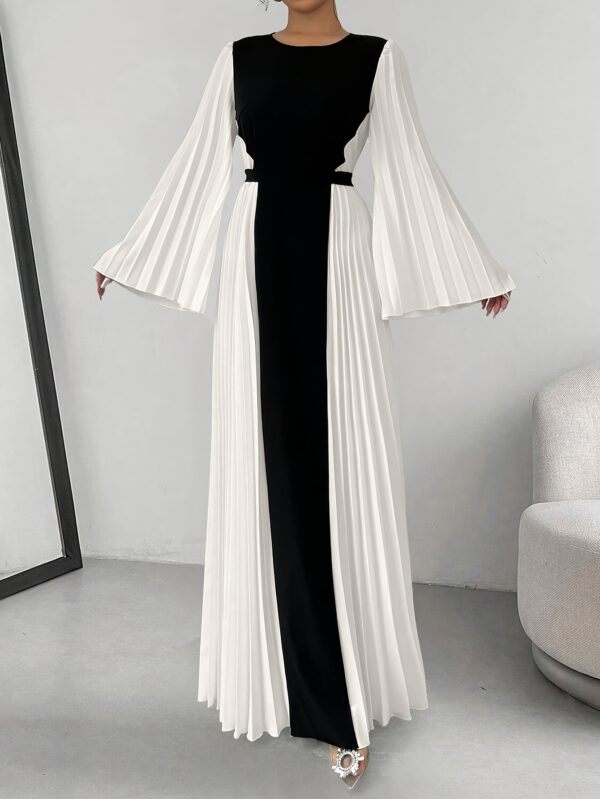 Women's Elegant Color-Block Pleated Flared Sleeve Maxi Dress with Adjustable Waist Belt - A-Line Long Dress for Spring Summer Fall, Machine Washable, Formal Occasion, Sophisticated Style, Structured Fit, Office Attire, Nonstretch Fabric, Professional Women - Image 10