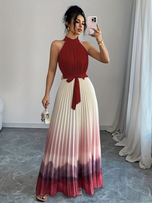 Elegant Gradient A-Line Midi Dress with Ruffle Detail, Tie Waist & Pleated Design - Sleeveless Round Neck for Women - Spring/Summer Collection, Cute Dress - Image 2