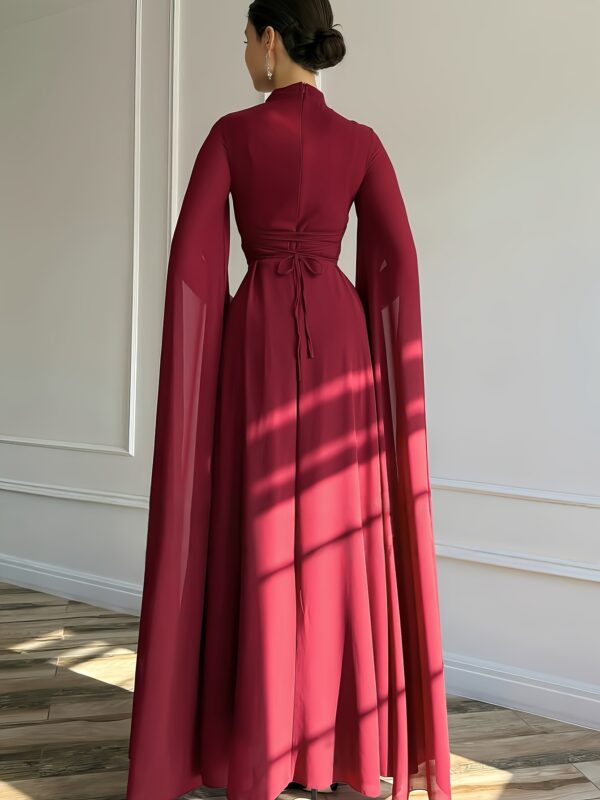 1pc Elegant Evening Long Dress with Cape Sleeves & Lace-Up Back - A-Line Stand Collar Solid Color Wedding Guest Gown, Machine Washable Spring/Summer Formal Dress for Women, Dresses for Wedding, Sophisticated Tailoring - Image 8