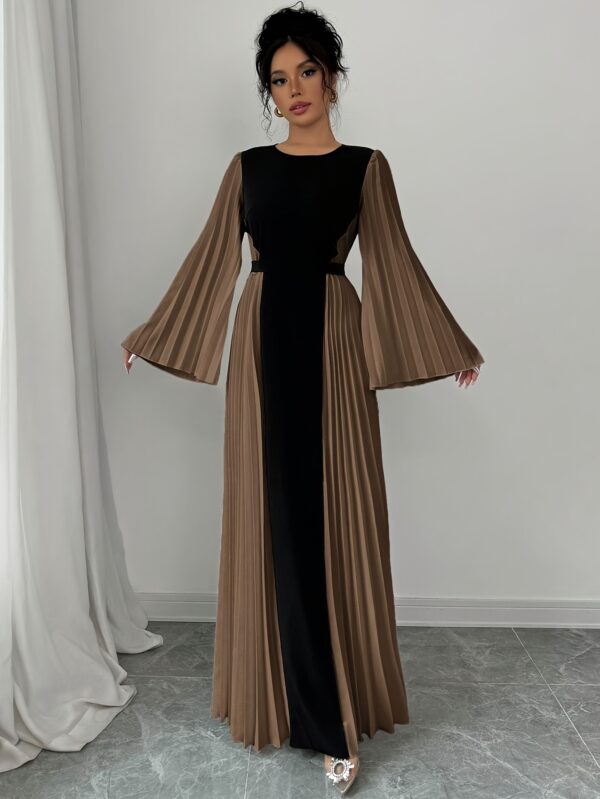 Women's Elegant Color-Block Pleated Flared Sleeve Maxi Dress with Adjustable Waist Belt - A-Line Long Dress for Spring Summer Fall, Machine Washable, Formal Occasion, Sophisticated Style, Structured Fit, Office Attire, Nonstretch Fabric, Professional Women - Image 5