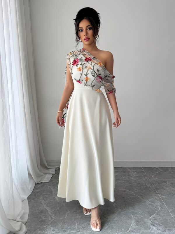 Elegant Off-Shoulder Floral Embroidered Maxi Dress with Sheer Overlay - White & Beige, Perfect for Spring/Summer, Adult Women'S Fashion, Cute Dress - Image 18
