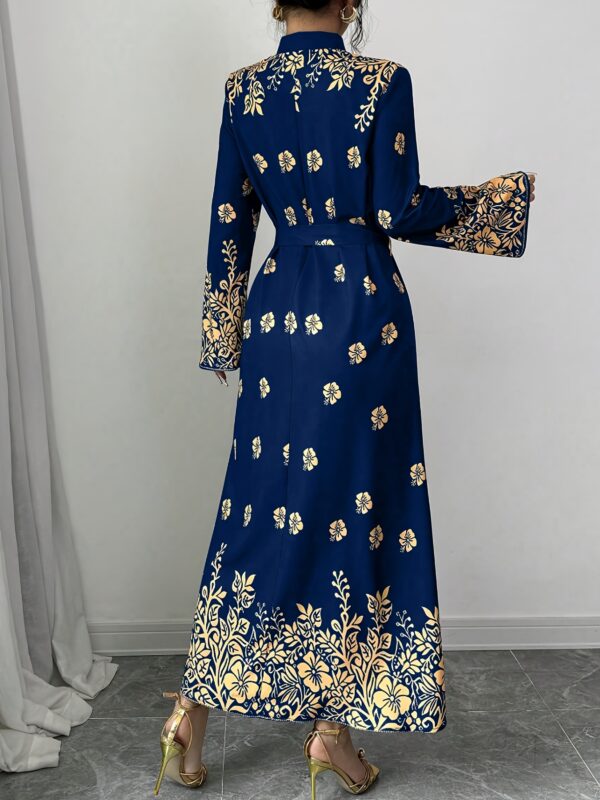 Women's Middle Eastern-Inspired Long Sleeve Dress - Deep Blue & Golden Floral Print, Waist Belt, Breathable Machine-Washable Fabric for Spring/Summer Formal & Casual Occasions, Elegant Attire, Sophisticated Style, Quality Stitching, Stylish Outfit, Summer Wardrobe - Image 3