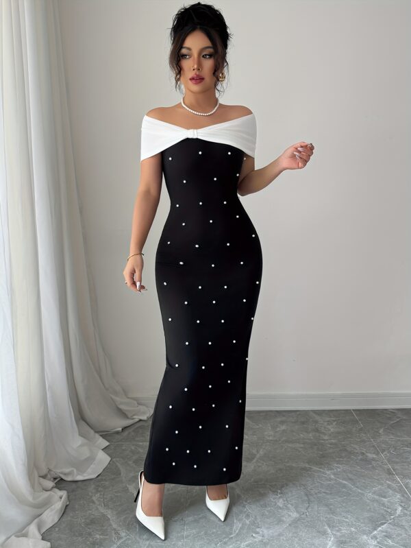 A Black Off-Shoulder Dress Adorned with Elegant Beading, Designed for Banquets And Dates, Showcasing a Slim Waist And a Goddess-Like Charm. - Image 9