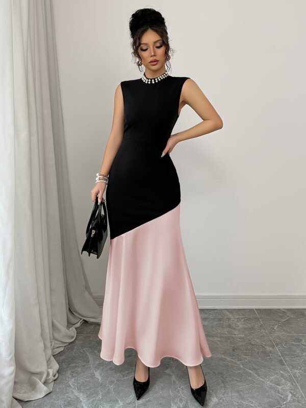 Elegant Color-Blocked Sleeveless Maxi Dress for Women with Lotus Leaf Hem, Pearl & Choker Neckline - Spring/Summer Fashion in Black & Pink, Formal Attire, Medium Elasticity - Image 3