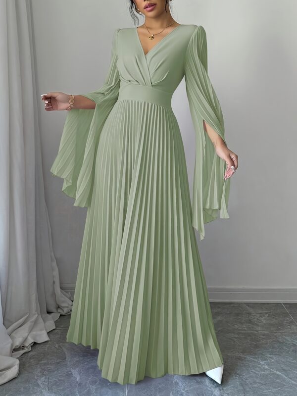 Elegant Long Sleeve Pleated Maxi Dress for Women - V-Neck, High-Low Hem, Ruched Bodice, Lightweight Polyester, Perfect for Spring/Summer, Elegant Event Wear | Vneck Dress | Ruched Detailing - Image 21