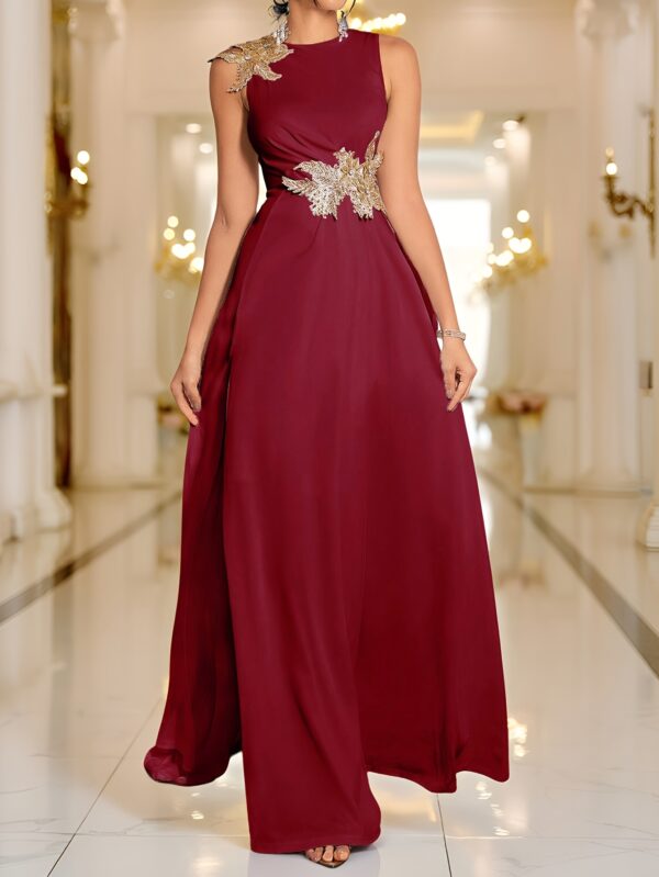 Elegant Sleeveless A-Line Maxi Dress with Golden Leaf Embellishment and High-Low Hem, Black Polyester Blend for Women’s Formal Events, Dresses Elegant Formal - Image 10