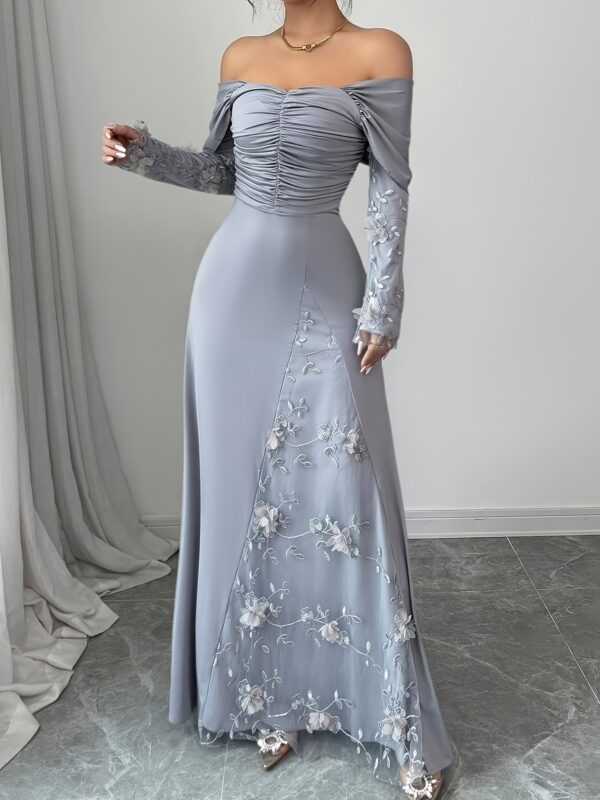 Off-Shoulder Mesh Pleated Slim-Fit Long Sleeve Dress Elegant Party Wear