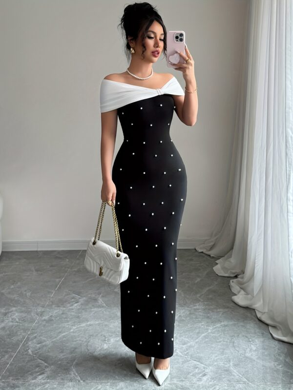A Black Off-Shoulder Dress Adorned with Elegant Beading, Designed for Banquets And Dates, Showcasing a Slim Waist And a Goddess-Like Charm.