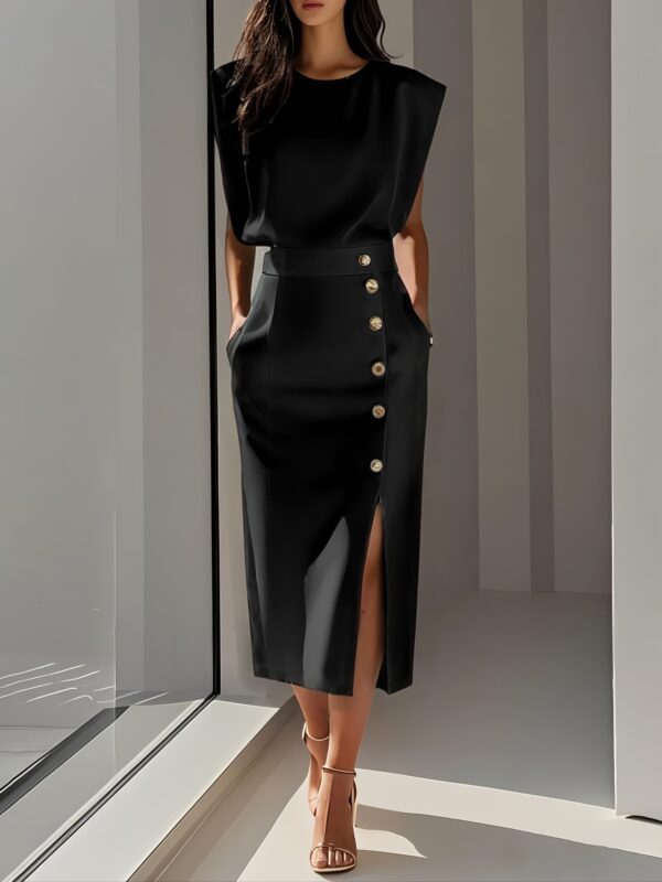 Elegant Beige Midi Dress with Button Details and High-Slit Hem - Sleeveless, Round Neck, Cinched Waist, Flowing Design for Women, Perfect for Spring/Summer/Fall, Versatile Fashion | Round Neck Dress | Button Detailing, Cute Dresses - Image 9