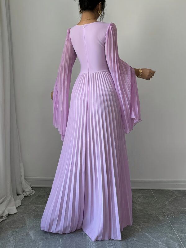 Elegant Long Sleeve Pleated Maxi Dress for Women - V-Neck, High-Low Hem, Ruched Bodice, Lightweight Polyester, Perfect for Spring/Summer, Elegant Event Wear | Vneck Dress | Ruched Detailing - Image 31