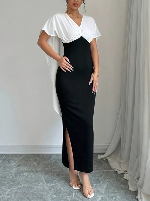 Black and White Contrast Elegant Cape Dress Long Women's Wear - Image 18