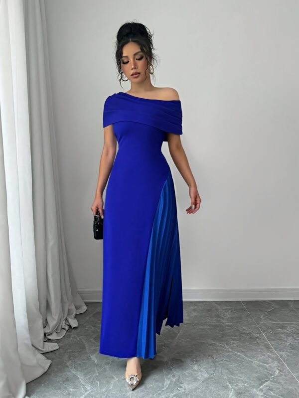 Elegant Off-Shoulder Mermaid Dress with Side Slit & Pleated Detail - Royal Blue, Form-Fitting Top & Flowy Hem, Perfect for Spring/Summer Parties & Formal Events, Formal Evening Wear | Offshoulder Fashion | Sophisticated Design, Plus Size Dress - Image 3