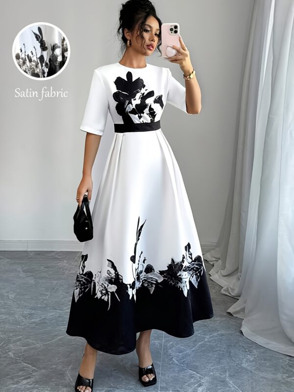 YY0402002 European and American Spring/Summer Festival Elegant Dress, Round Neck Mid-Length Belted Zipper Floral Print Dress - Image 4