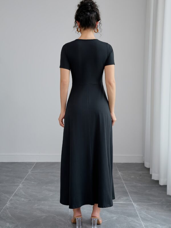 Elegant Women'S High-Waist Pleated Dress with Button Detail - Black & White Color Block, Round Neck, Short Sleeve, Breathable Polyester Blend for Spring/Summer/Fall, Versatile Fashion | Button Detail Dress | Polyester Blend - Image 2
