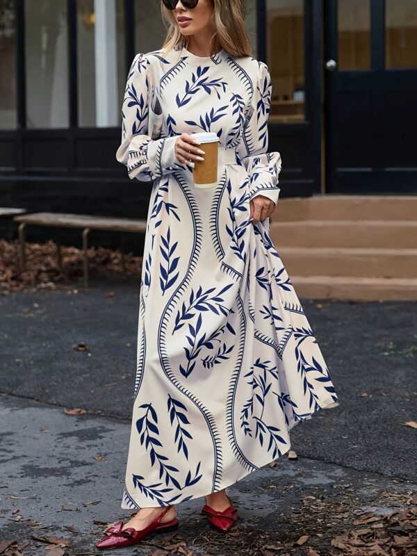 Elegant Floral Print Tie-Waist Midi Dress for Women - Crew Neck, Long Sleeve, Lightweight Summer Dress with Vibrant Blue Leaf Design, Floral Print Dress - Image 4
