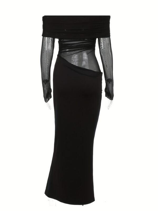 Elegant Off-the-Shoulder Mesh Party Dress - Sexy Sheer Panel Bodycon Gown for Women, Spring Summer Fall Formal Events, Hand Wash Only, Elegant Party Dress, Seasonal Fashion, Oneshoulder Design, Striking Contrast, Evening Wear, Lightweight Fabric, Fashionista Outfit - Image 14