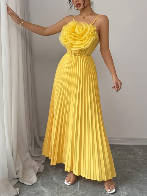 Elegant Yellow Floral A-Line Maxi Dress for Women - Sleeveless, Ruched Waist, Flowy Summer Dress with 3D Rose Detail, Perfect for Parties and Vacations, Vacation Dress | Floral Print Dress | Ruched Waist Dress - Image 6