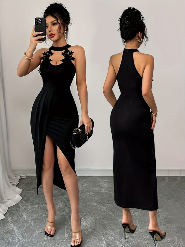 Women's Elegant Halter Neck Bodycon Dress with Lace Embroidery & Side Slit - Sexy Bohemian Night Out Party Dress for Weddings, Dates, Holidays - Machine Washable Solid Color Spring Summer Fall Attire, Special Occasion Wear, Sleek Silhouette