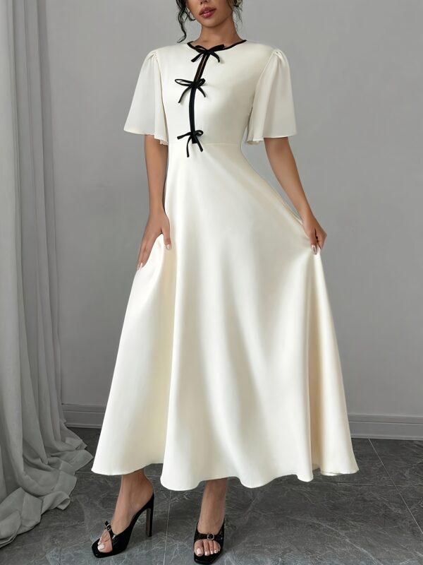 Women's Elegant Color Block Bow Detail Waist-Cinched Dress - Fitted Round Neck Short Sleeve Long Dress, Solid Color Machine Washable Spring/Autumn Versatile Casual to Formal Wear, Autumn Attire, Smooth Fabric - Image 3